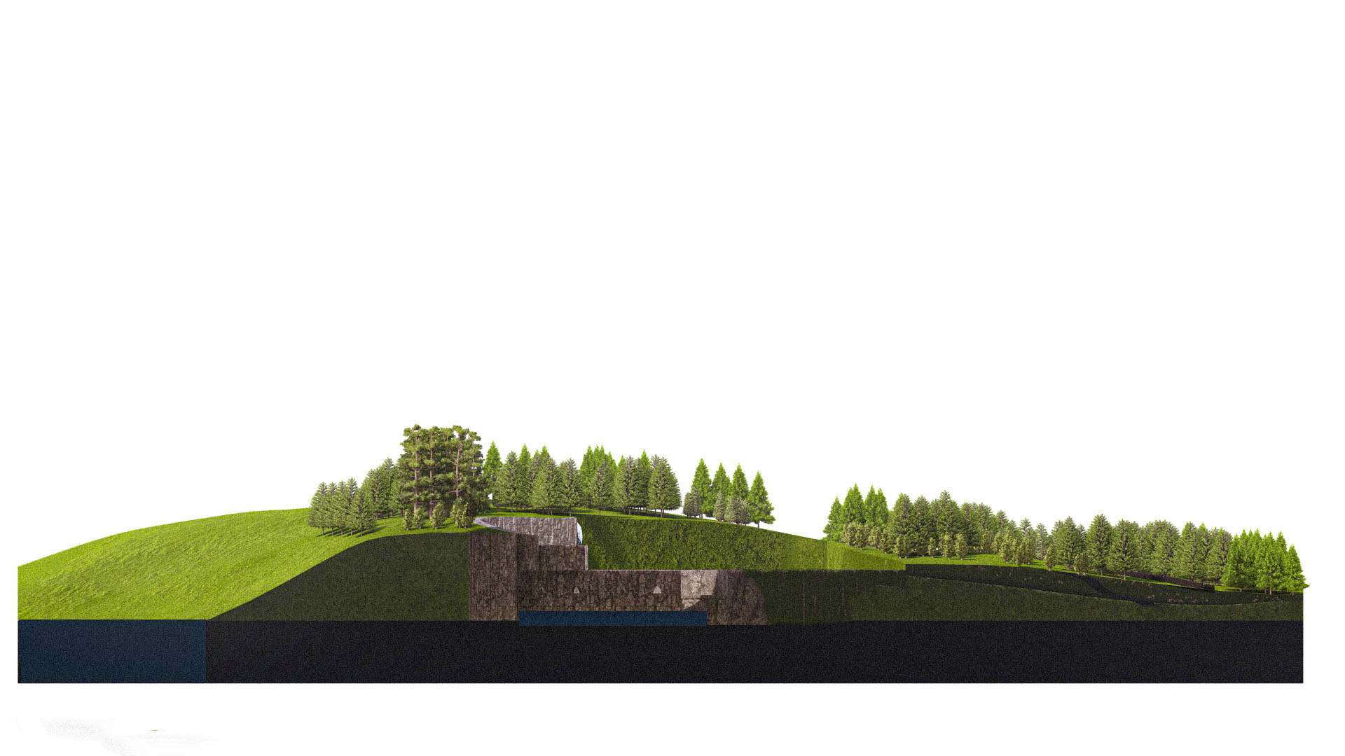 Site section — left, hillside approach into the chamber